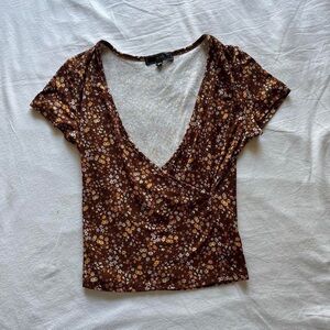 Y2k brown floral wrap tight top